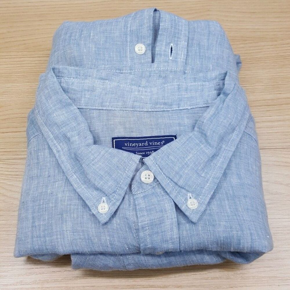 VINEYARD VINES Shirt Mens XXL Solid Blue Button Down Long Sleeve 100% Linen